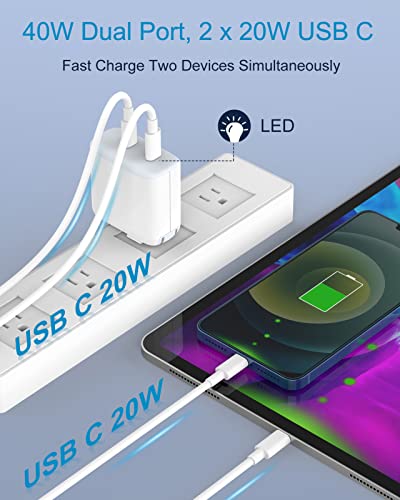 Dual USB C Charger Block + 2 Pack 6.6FT USB C to L Charging Cable for iPhone 14, 14 Pro Max, 13, 13 Pro, 12, 12 Pro, 11, 11 Pro, iPad Pro, iPad Air, Samsung Galaxy, Google Pixel, Magsafe, iWatch, AirP