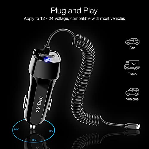 Car Charger for iPhone, 3.6A/18W Built-in 4.9ft Spiral Lightning Coiled Cable, 12-24V Fast Charging Cigarette Lighter Plug Adapter for iPhone 14 13 12 11 Mini Pro Max Plus XR SE XS X 8 7 6 5, iPad