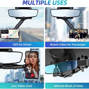 Rearview Mirror Car Phone Holder Mount,360° Rotatable and Retractable Universal Multifunctional Adjustable Rearview Mirror Phone Holder for Car and All Mobile Phones