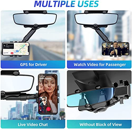 Rearview Mirror Car Phone Holder Mount,360° Rotatable and Retractable Universal Multifunctional Adjustable Rearview Mirror Phone Holder for Car and All Mobile Phones