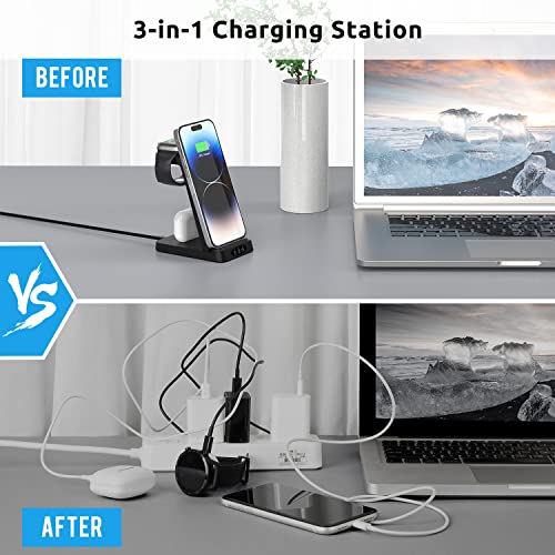 Charger Station for Apple Multiple Devices, 3 in 1 Fast Wireless Charging Dock Stand for Apple Watch 8 7 6 SE 5 4 3 2 iPhone 14 13 12 11 Pro X Max XS XR 8 7 Plus 6s 6 AirPods 1 2 3 Pro with Adapter