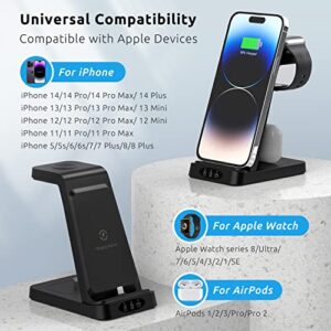 Charger Station for Apple Multiple Devices, 3 in 1 Fast Wireless Charging Dock Stand for Apple Watch 8 7 6 SE 5 4 3 2 iPhone 14 13 12 11 Pro X Max XS XR 8 7 Plus 6s 6 AirPods 1 2 3 Pro with Adapter