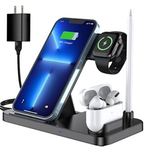 wireless charger, canuvu 4 in 1 foldable fast charging station compatible iwatch & airpods & apple pencil, iphone 14/13/12/11series(pro & pro max)/x/xs/xs/8, android phone(with qc3.0 adapter)