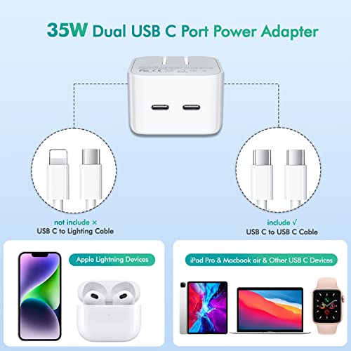 35W Dual USB-C Port Compact Power Adapter(for iPhone Charger Block &iPhone 14 Charger Adapter/13/12/11 Pro Max Plus Mini/AirPods Wall Charger Type C Fast Charging Block)Include a C to C Cable for iPad