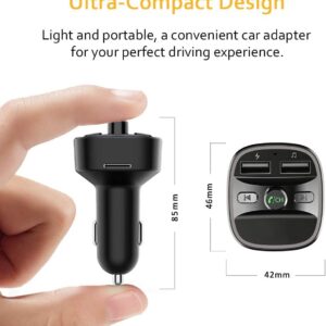 Bluetooth FM Transmitter for Car, Blue Ambient Ring Light Wireless Radio Car Receiver Adapter Kit with Hands-Free Calling, Dual USB Charger 5V/2.4A and 1A, Support SD Card, USB Disk (Black)