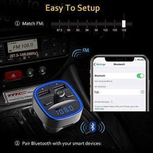 Bluetooth FM Transmitter for Car, Blue Ambient Ring Light Wireless Radio Car Receiver Adapter Kit with Hands-Free Calling, Dual USB Charger 5V/2.4A and 1A, Support SD Card, USB Disk (Black)