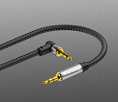 Nanxudyj aux Cord, 3.5mm Stereo Audio Cable 1ft, 90 Degree Short Aux Cable Aux 3.5mm Male to Male Right Angle TRS Cable Compatible for Headphone,Tablets, Speakers, 24K Gold Plated