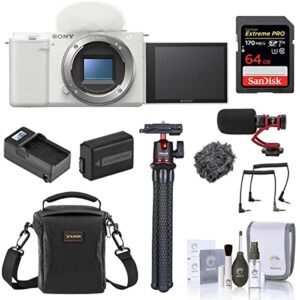 sony zv-e10 mirrorless camera body, white bundle with 64gb sd card, shoulder bag, microphone, tripod, battery, charger, cleaning kit