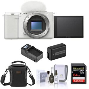 sony zv-e10 mirrorless camera body, white bundle with 64gb sd card, shoulder bag, battery, charger, cleaning kit