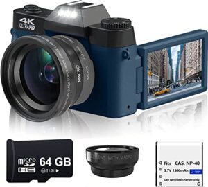 edealz 4k 48mp digital camera for photography, vlogging camera for youtube with 3.0’’ 180° flip screen, wifi, 16x digital zoom, wide angle & macro lens rechargeable battery, 64gb micro sd card (navy)