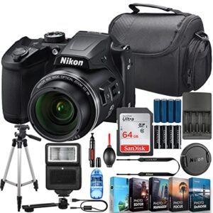 nikon b500 digital camera (black) with all-in-one starter bundle – includes: sandisk ultra 64gb memory card, 4x rechargeable aa batteries, camera shoulder case, photo/video software, flash & more