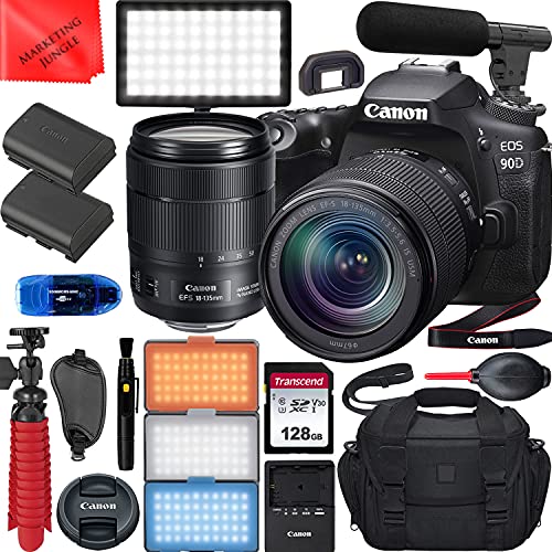 90D DSLR Camera with EF-S 18-135mm f/3.5-5.6 is USM Lens Video Creator Bundle + Portable LED Light, Microphone, Extra LP-E6 Battery, 128Gb Memory Card, Gadget Bag + More 3616C009