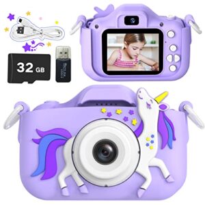 outuvas kids hd digital video cameras for toddler, christmas birthday gifts for boys and girls age 3+, 1080p hd anti-drop camera, with 32gb sd card. (purple)