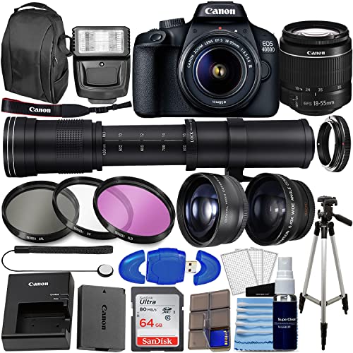 Camera EOS 4000D DSLR (Rebel T100) w/ 18-55mm Lens Kit + 64GB Memory, 420-800mm Super Zoom Lens, Wide Angle Lens, Telephoto Lens, 3PC Filter Kit, Photo Backpack, Tripod + More (34PC Bundle)