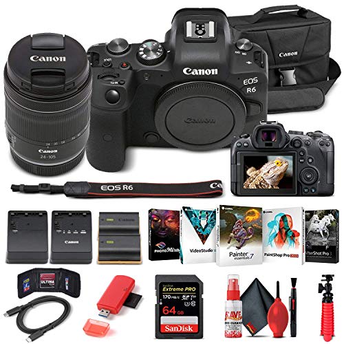 Canon EOS R6 Mirrorless Digital Camera with 24-105mm f/4-7.1 Lens (4082C022) + 64GB Memory Card + Case + Corel Photo Software + LPE6 Battery + External Charger + Card Reader + More (Renewed)