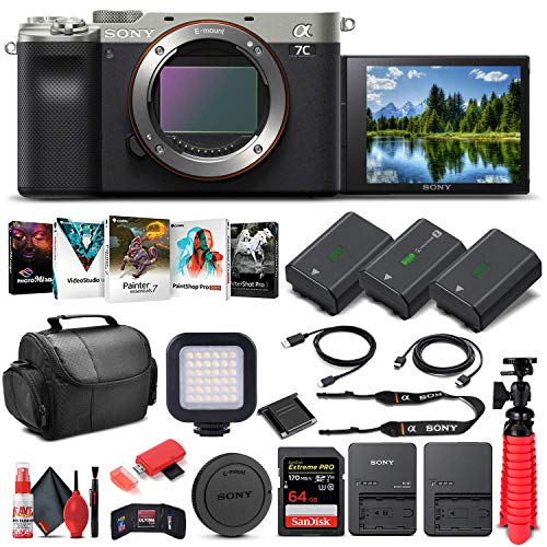 Sony Alpha a7C Mirrorless Digital Camera (Body Only, Silver) (ILCE7C/S) + 64GB Memory Card + 2 x NP-FZ-100 Battery + Corel Photo Software + Case + Card Reader + LED Light + More (Renewed)