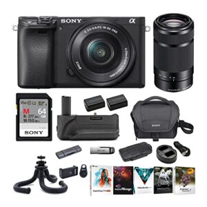 sony alpha a6400 mirrorless digital camera with 16-50mm lens (black) bundle with e-mount lens (black), 64gb memory card, 32gb flash drive, battery grip, rechargeable battery and charger (11 items)