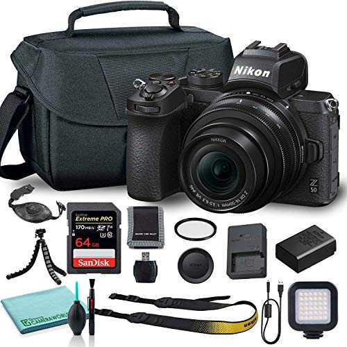 Nikon Z50 Mirrorless Digital Camera with 16-50mm Lens (1633) + Camera Bag + 46mm UV Filter + SanDisk 64GB Extreme PRO Memory Card + Hand Strap + Portable LED Video Light + More