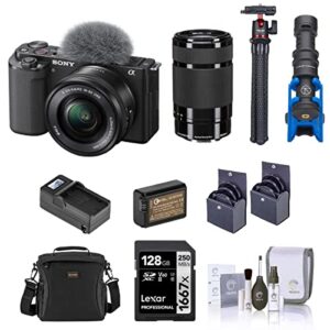 sony zv-e10 mirrorless camera with 16-50mm & 55-210mm f/4.5-6.3 oss e-mount lens, black bundle with memory card, bag, microphone, tripod, battery, charger and accessories kit