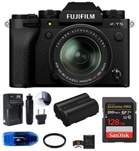 fujifilm x-t5 mirrorless digital camera with xf 18-55mm f/2.8-4 r lm ois lens bundle, includes: sandisk 128gb extreme pro sdxc memory card, spare fujifilm np-w235 battery + more (7 items) (black)