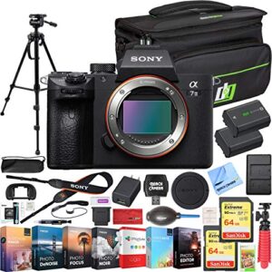 sony a7 iii full frame mirrorless interchangeable lens 4k hdr camera ilce-7m3 body bundle with deco gear travel bag, 2x 64gb memory cards, editing suite and accessories (18 items)