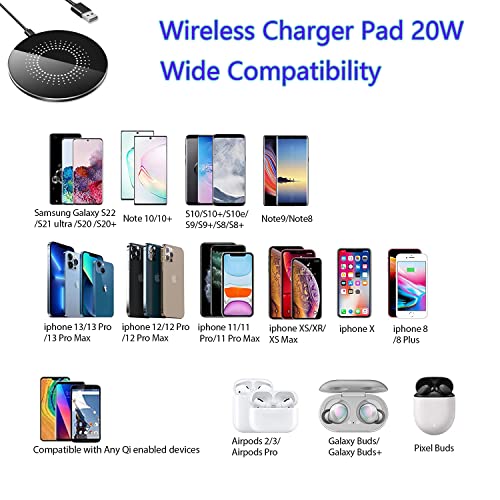 20W Wireless Charger pad for Samsung iPhone, Desktop Fast Wireless Charging 20W Max Compatible with Samsung Galaxy S22/S23/S21/S20/S10 Series, Charging for iPhone 13/14/12/11/Huawei/Wireless earplug