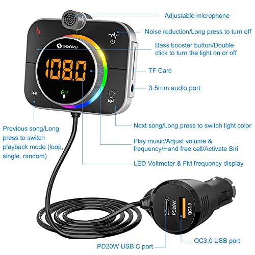 Bluetooth Car Adapter, SONRU QC3.0+PD Bluetooth FM Transmitter for Car Radio [Adjustable Microphone & Bass] [Air Vent Install] Hands-Free Call AUX Bluetooth Receiver for Car, SD Card Slot/Siri