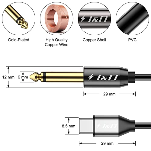 J&D USB-C to 6.35mm 1/4 inch TS Audio Cable, Gold Plated USB Type C to 6.35mm 1/4 inch Male TS Mono Interconnect PVC Shelled Aux Adapter Cable, 6.5 Feet
