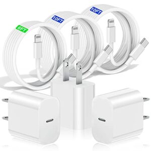 3pack iphone 14 13 12 fast charger, 20w usb c wall charger block with 6ft/10ft type c to lightning cable, iphone charger fast charging for iphone 14 13 12 11 pro xr xs airpods-supports power delivery