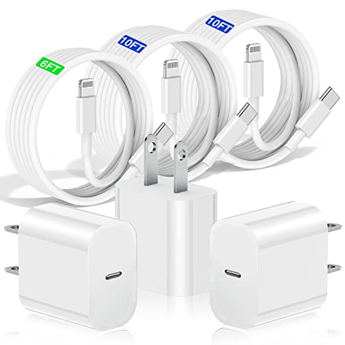 3Pack iPhone 14 13 12 Fast Charger, 20W USB C Wall Charger Block with 6Ft/10ft Type C to Lightning Cable, iPhone Charger Fast Charging for iPhone 14 13 12 11 Pro XR XS AirPods-Supports Power Delivery