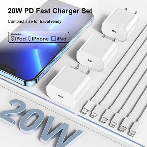 3Pack iPhone 14 13 12 Fast Charger, 20W USB C Wall Charger Block with 6Ft/10ft Type C to Lightning Cable, iPhone Charger Fast Charging for iPhone 14 13 12 11 Pro XR XS AirPods-Supports Power Delivery