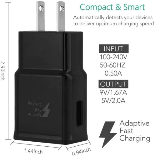 New OEM Samsung Fast Adaptive Wall Adapter Charger for Galaxy S7 S6 Note 5 4 Edge EP-TA20JBE + 10 Foot Micro USB Cable - Black