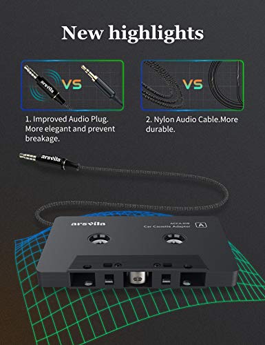 arsvita Car Audio Cassette to Aux Adapter with Upgrade 3.5 MM Aux Plug, Auxiliary Nylon Cable Tape Adapter, Black