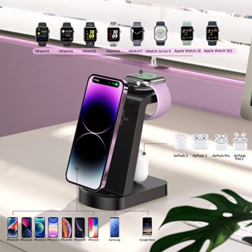 Wireless Charging Station, Hadisala 3 in 1 Fast Charger Stand Compatible with iPhone 14/13/12 Pro Max/XS, AirPods 3/2/1/pro, iWatch Series 8/7/6/5/4/SE, and Galaxy Phone Series