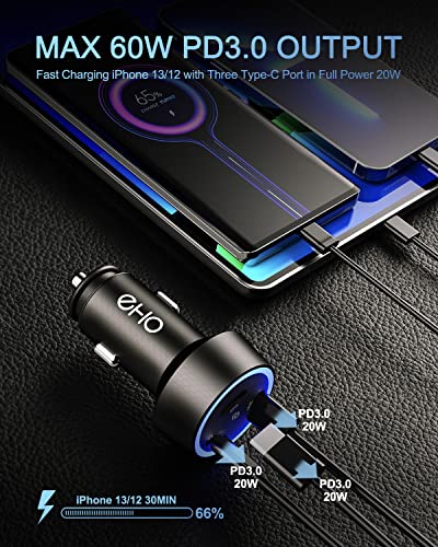 USB C Car Charger, EHO 60W 3-Port (20W Each) Mini Fast Charging PD 3.0 Port Type C Rapid Metal Car Charger Cigarette Lighter Adapter Compatible with iPhone13/12, iPad Mini/Air/Pro, Galaxy S21/S20/S10