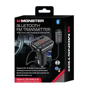 Monster Bluetooth FM Transmitter with 3.4 AMP USB Charging and External Mic, Two Ports, Hands-Free Calls, Siri, Google Assistant, Flash Drive, MicroSD Card, Music File Support, MP3, WMA, WAV, FLAC,