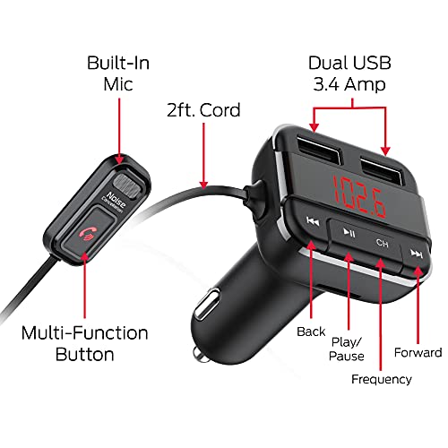 Monster Bluetooth FM Transmitter with 3.4 AMP USB Charging and External Mic, Two Ports, Hands-Free Calls, Siri, Google Assistant, Flash Drive, MicroSD Card, Music File Support, MP3, WMA, WAV, FLAC,