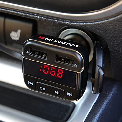 Monster Bluetooth FM Transmitter with 3.4 AMP USB Charging and External Mic, Two Ports, Hands-Free Calls, Siri, Google Assistant, Flash Drive, MicroSD Card, Music File Support, MP3, WMA, WAV, FLAC,