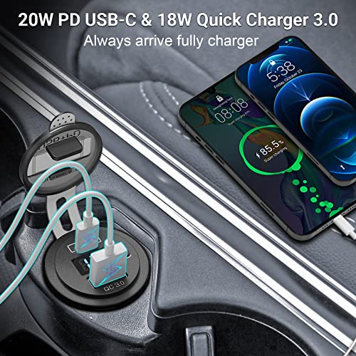 2 Pack USB C Car Charger Socket, Qidoe 12V USB Outlet PD3.0 20W USB C and 18W QC3.0 Car USB Port with LED Voltmeter and ON/Off Switch Fast Car USB Outlet for Car Boat Marine RV Truck Golf Motorcycle