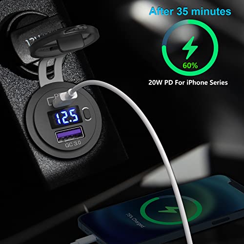 2 Pack USB C Car Charger Socket, Qidoe 12V USB Outlet PD3.0 20W USB C and 18W QC3.0 Car USB Port with LED Voltmeter and ON/Off Switch Fast Car USB Outlet for Car Boat Marine RV Truck Golf Motorcycle