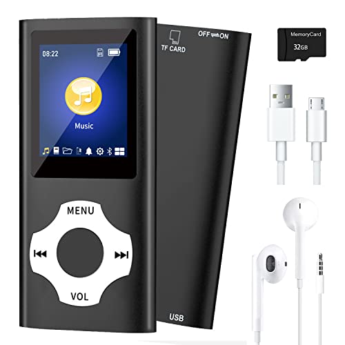 MP3 Music Player with Bluetooth 5.0, Mp3 Player with 32GB TF Card,FM Radio,Earphone, Portable HiFi Music Player with Voice Recorder/Video/Photo Viewer/E-Book Player for Kids,Running,Walking (Black)