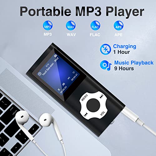 MP3 Music Player with Bluetooth 5.0, Mp3 Player with 32GB TF Card,FM Radio,Earphone, Portable HiFi Music Player with Voice Recorder/Video/Photo Viewer/E-Book Player for Kids,Running,Walking (Black)