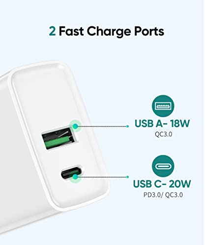 USB C Wall Charger, Dual Port 20W PD & QC 3.0 Fast Charging Block Plug Adapter Type C USB Charger Brick Compatible with iPhone 14/13/ 13 Pro Max/12/11 Pro Max, iPhone Xs/XR/X, Galaxy, Android