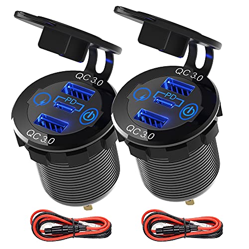 2 Packs PD Type C Car Charger Socket & Dual Quick Charge 3.0 Ports Aluminum, 60W USB C Triple 12V USB Socket Aluminum Car Charger with Touch Switch, Waterproof PD Charge for Car Boat Marine RV