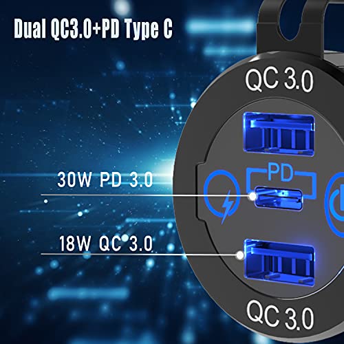 2 Packs PD Type C Car Charger Socket & Dual Quick Charge 3.0 Ports Aluminum, 60W USB C Triple 12V USB Socket Aluminum Car Charger with Touch Switch, Waterproof PD Charge for Car Boat Marine RV