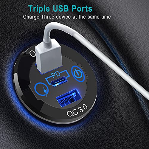 2 Packs PD Type C Car Charger Socket & Dual Quick Charge 3.0 Ports Aluminum, 60W USB C Triple 12V USB Socket Aluminum Car Charger with Touch Switch, Waterproof PD Charge for Car Boat Marine RV