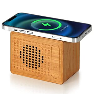 bluetooth speaker with wireless charger, 10w fast wireless charging, 12-hour playtime, handmade bamboo speakers, small and portable, hd sound and bass for iphone ipad android smart devices and more