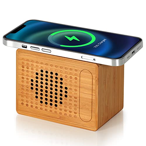 Bluetooth Speaker with Wireless Charger, 10W Fast Wireless Charging, 12-Hour Playtime, Handmade bamboo speakers, Small and portable, HD Sound and Bass for iPhone ipad Android Smart Devices and More