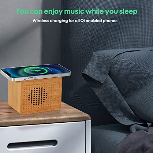 Bluetooth Speaker with Wireless Charger, 10W Fast Wireless Charging, 12-Hour Playtime, Handmade bamboo speakers, Small and portable, HD Sound and Bass for iPhone ipad Android Smart Devices and More