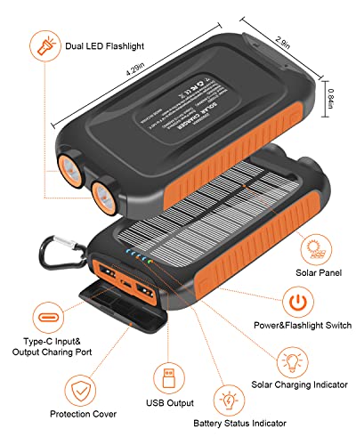 Solar Charger 20000mAh Solar Power Bank Portable Charger External Battery Pack USB C Input/Output Port Waterproof Solar Panel Charger with Dual LED Flashlights for iOS, Android and Outdoor Camping
